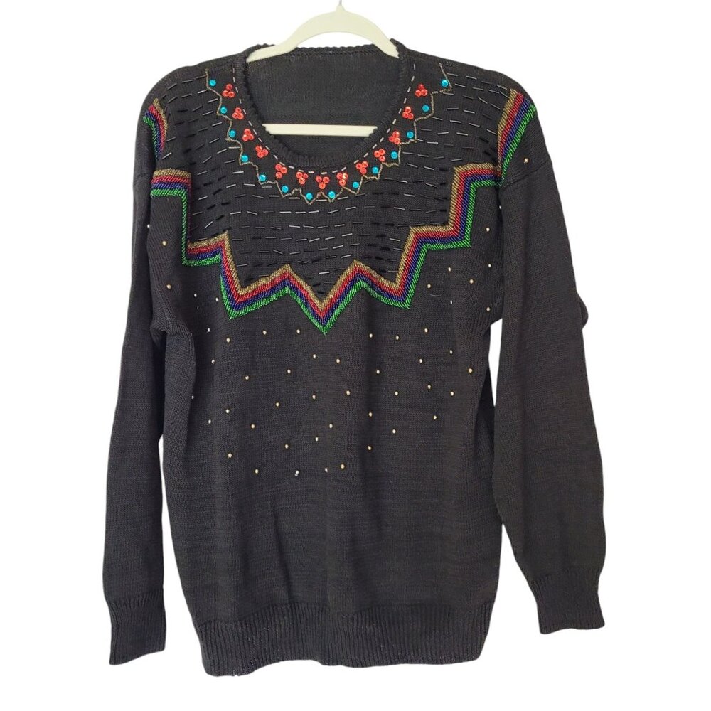 Vintage Beaded Sweater Embroidered Floral & Chevron Design Size XL